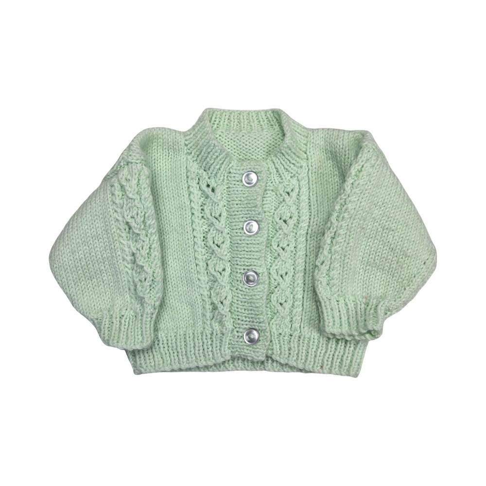 Vintage 60s Handmade Pastel Green Cable Knit Baby Cardigan Sweater 0-3 Months